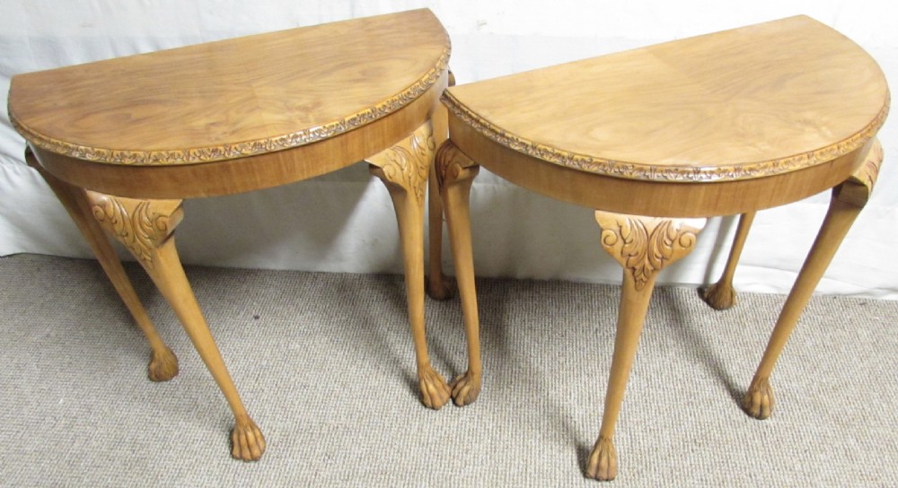Pair Half Moon Burr Walnut Console Tables