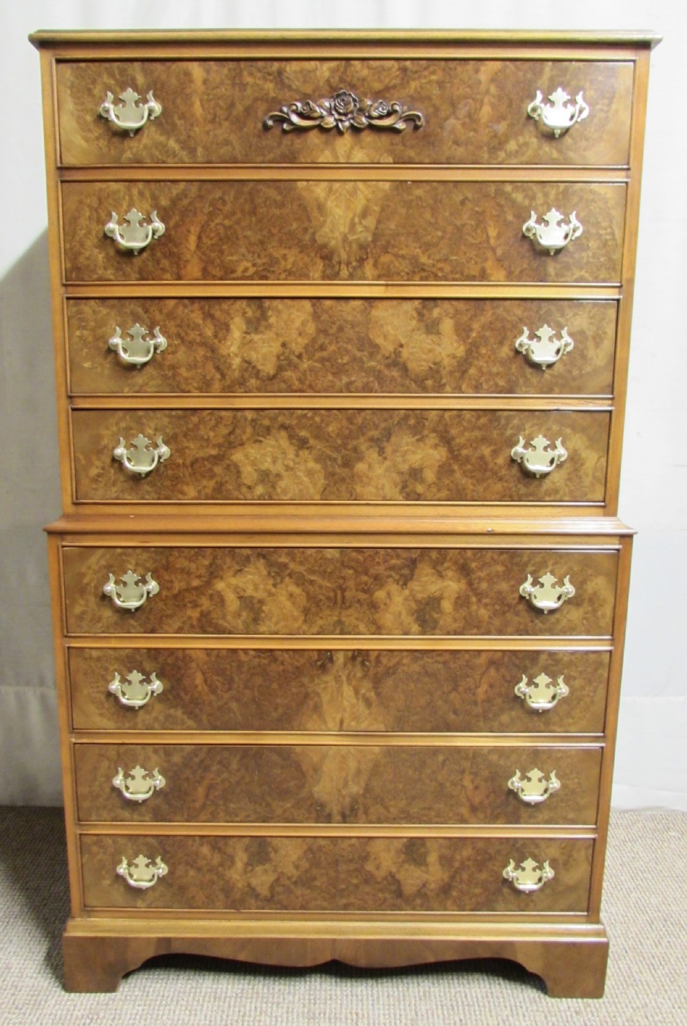 Burr Walnut Chest on Chest of Drawers