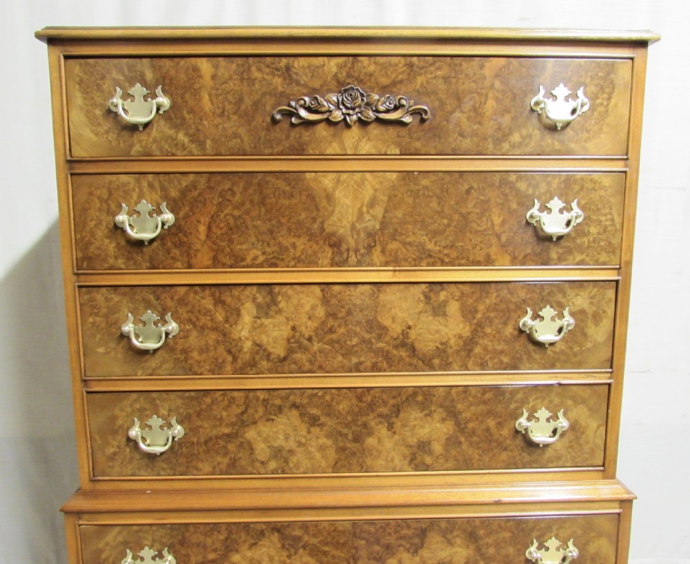 Burr Walnut Chest on Chest of Drawers View IV