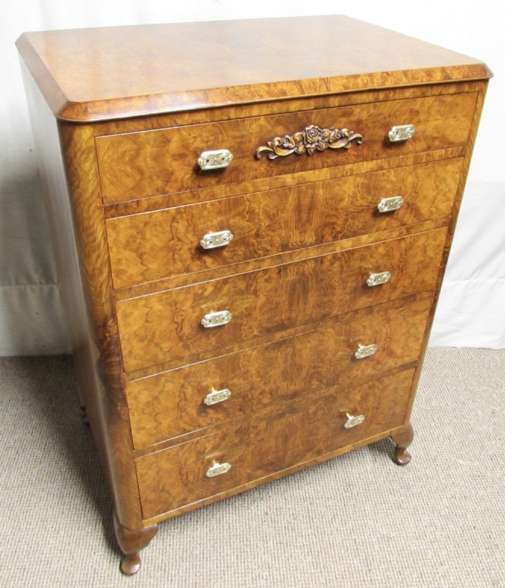 Burr Walnut Chest of 5 Drawers