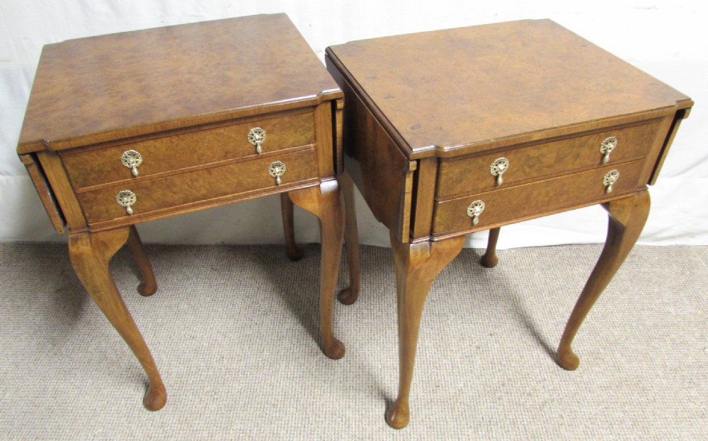 Burr Walnut Pair Bedside Lamp Flap Tables