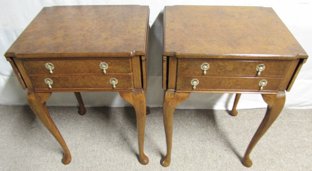 Burr Walnut Pair Bedside Lamp Flap Tables View XVII