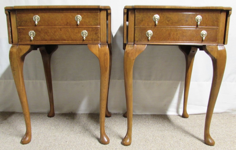 Burr Walnut Pair Bedside Lamp Flap Tables View XVIII