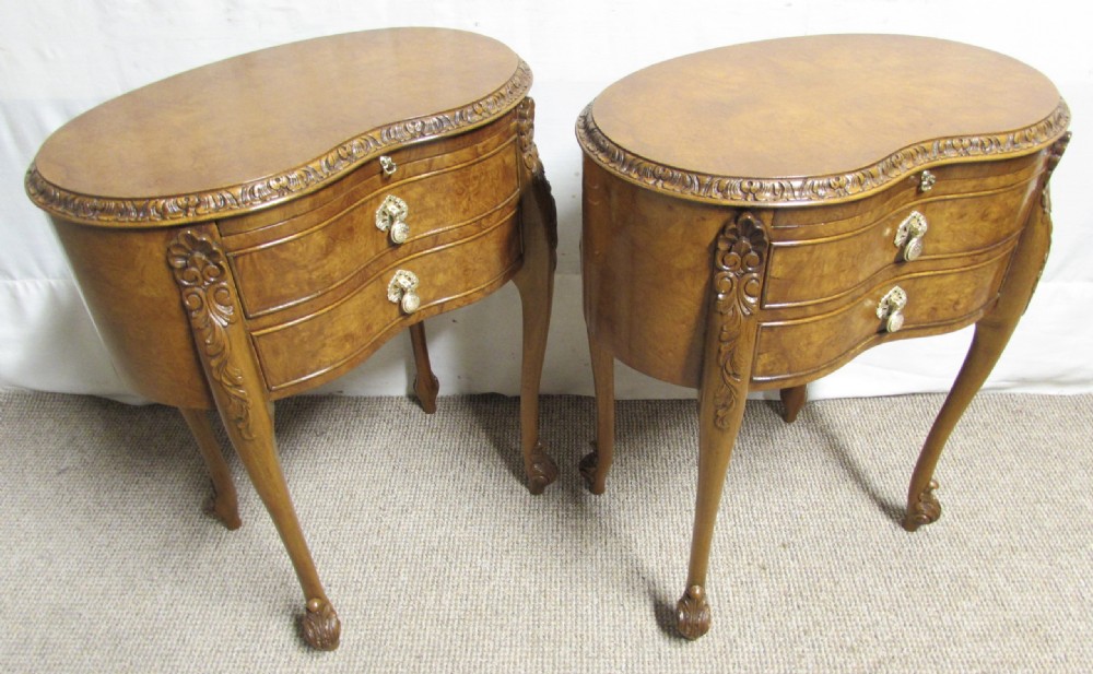 Pair Burr Walnut Kidney Bedside Drawers