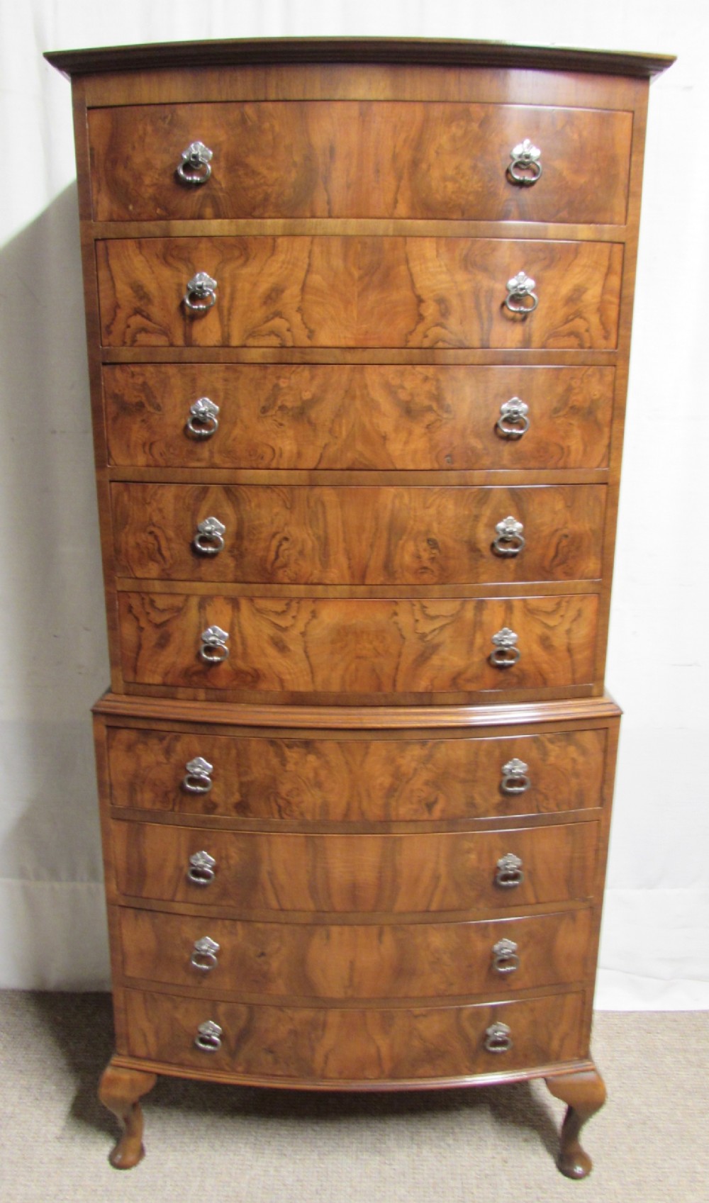 Burr Walnut Bow Front Chest on Chest