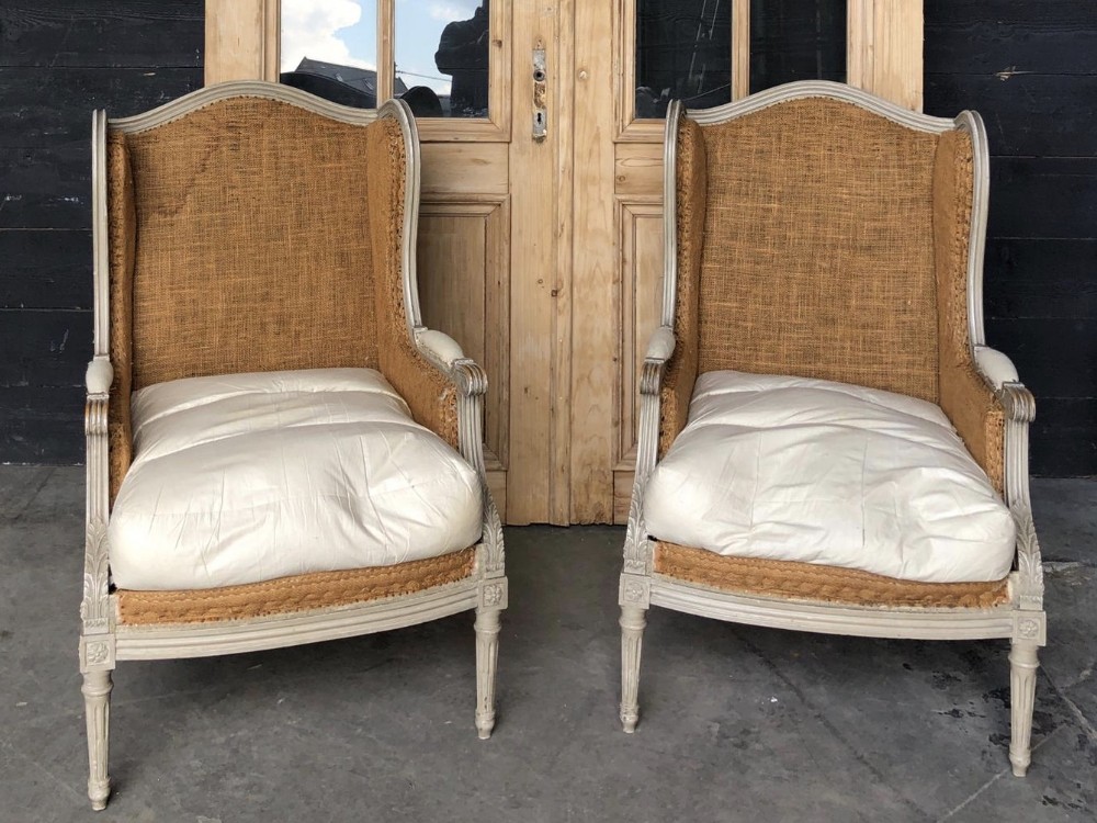 Pair French Louis XVI Bergere Arm Chairs