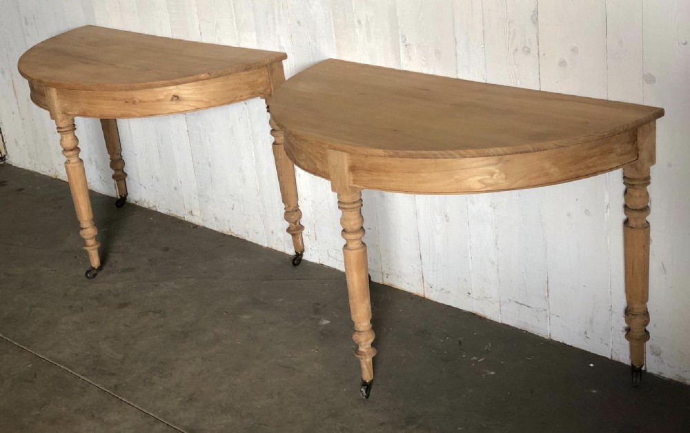 Pair French Elm Half Moon Console  Tables