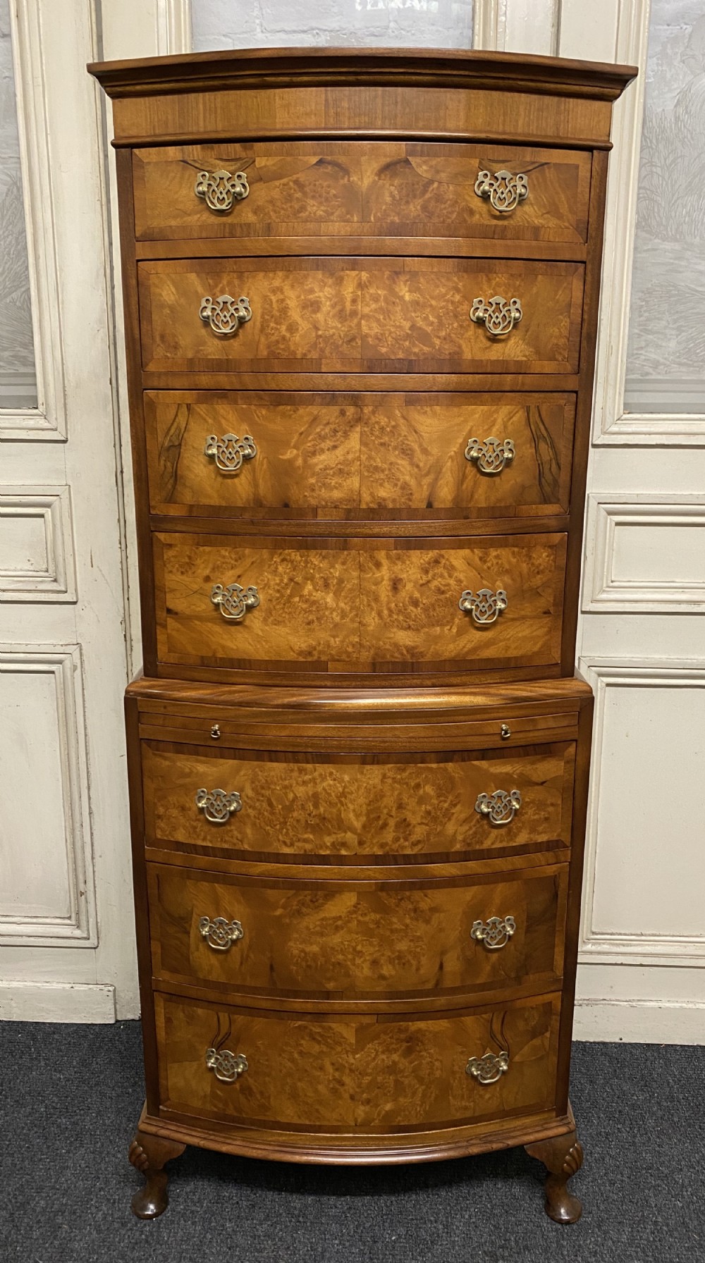 Burr walnut Bow Front Chest on Chest