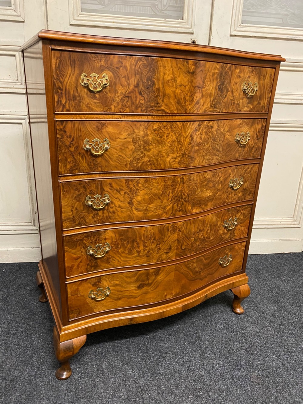 Burr Walnut Serpentine Chest of Drawers View II