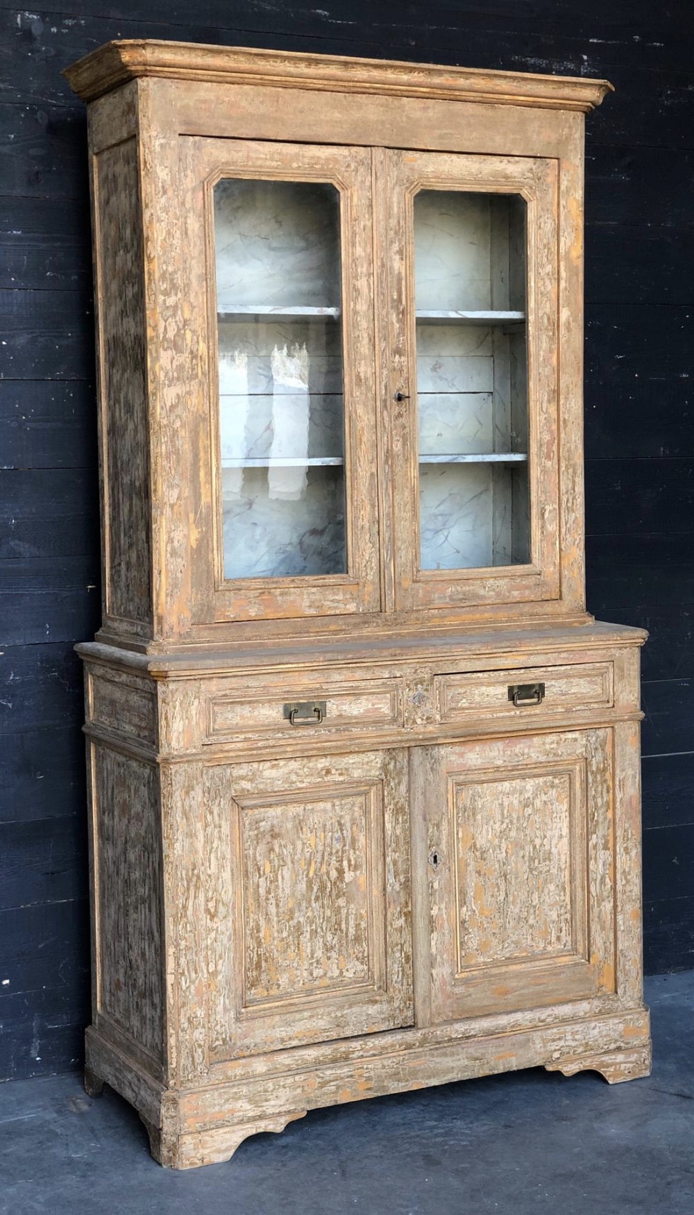 French Original Scraped Paint Deux Corps Bookcase