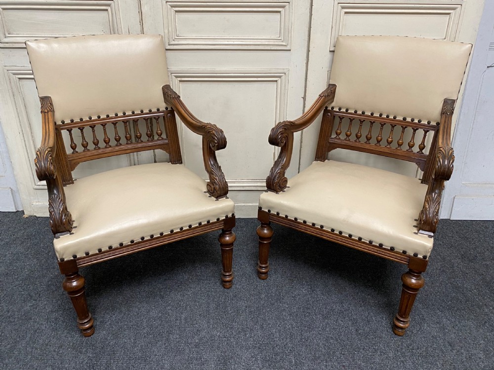 Pair Quality French Walnut Arm Chairs