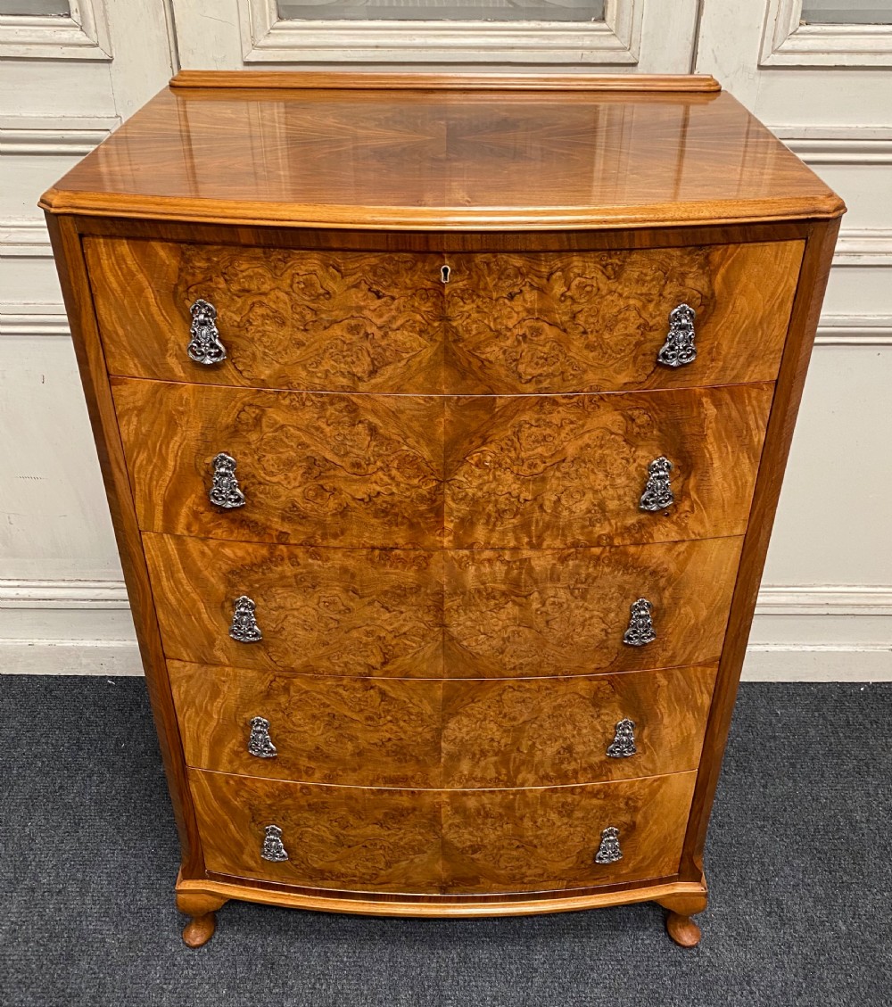 Burr Walnut Chest of 5 Drawers View II