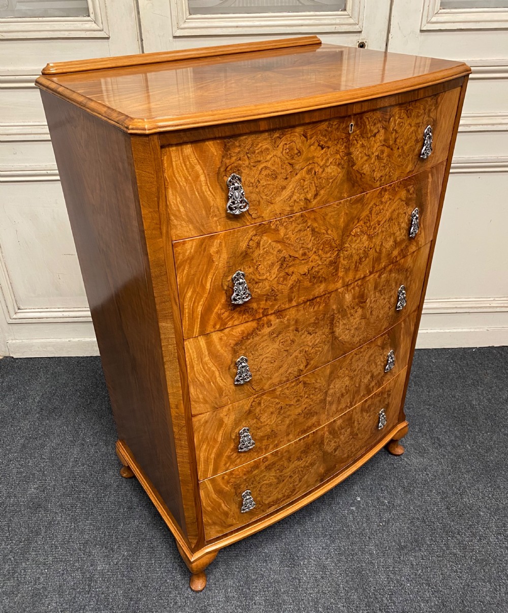 Burr Walnut Chest of 5 Drawers View III