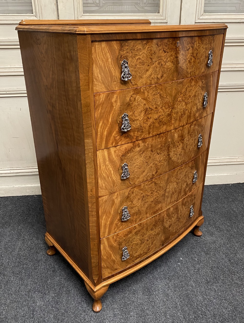 Burr Walnut Chest of 5 Drawers View IV