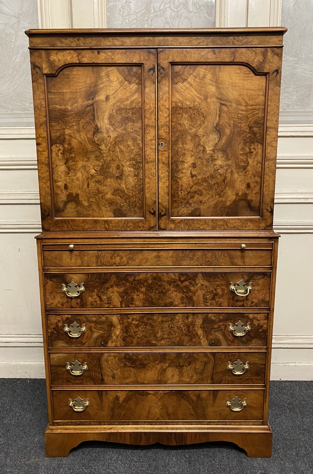 Burr Walnut Cupboard over Chest View II