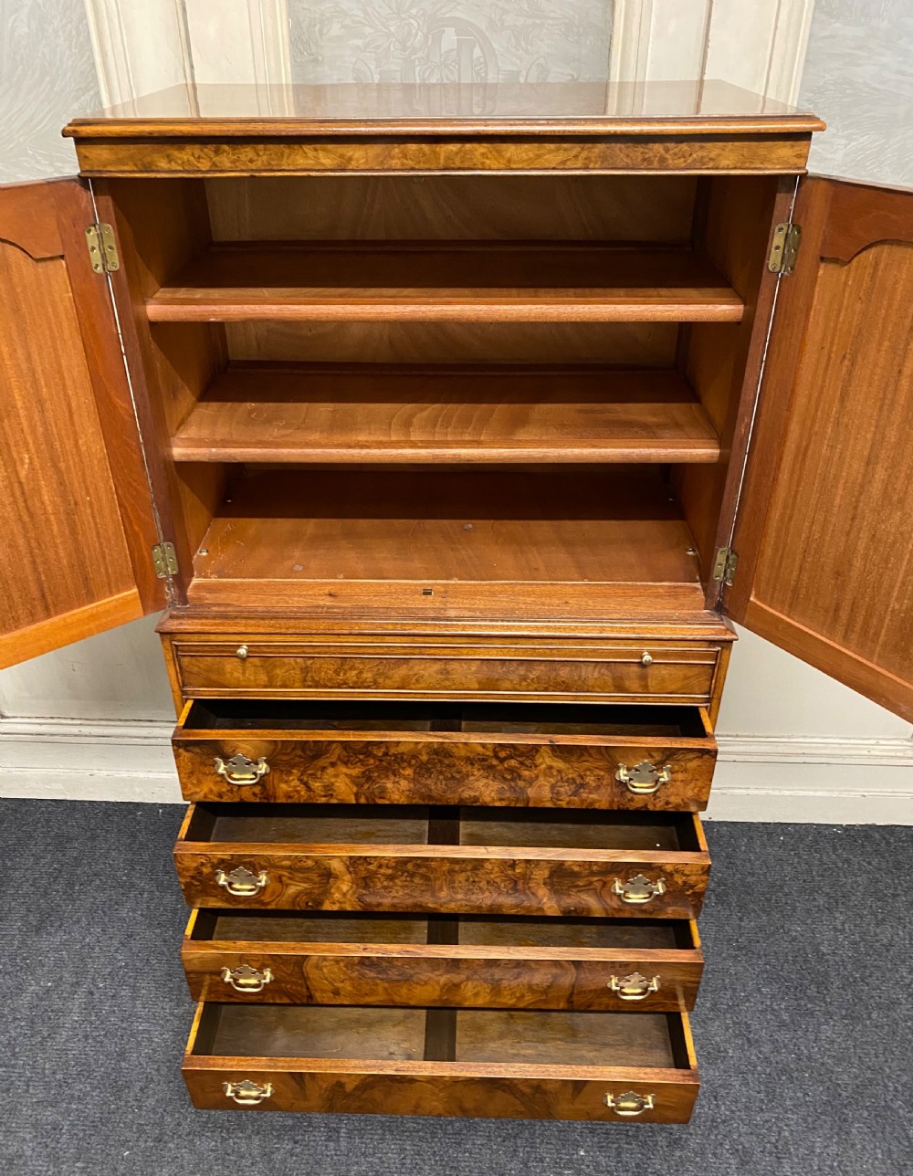 Burr Walnut Cupboard over Chest View IX