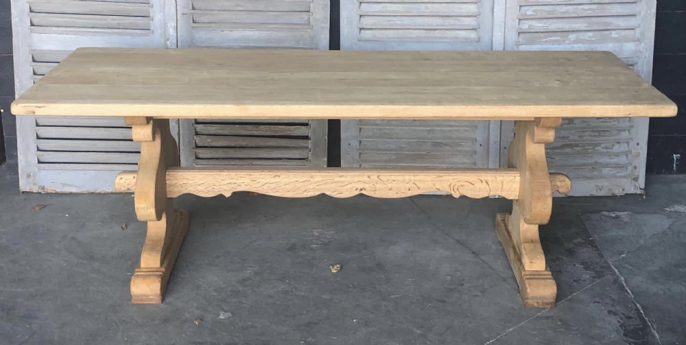 French Bleached Oak Trestle Farmhouse Dining Table 