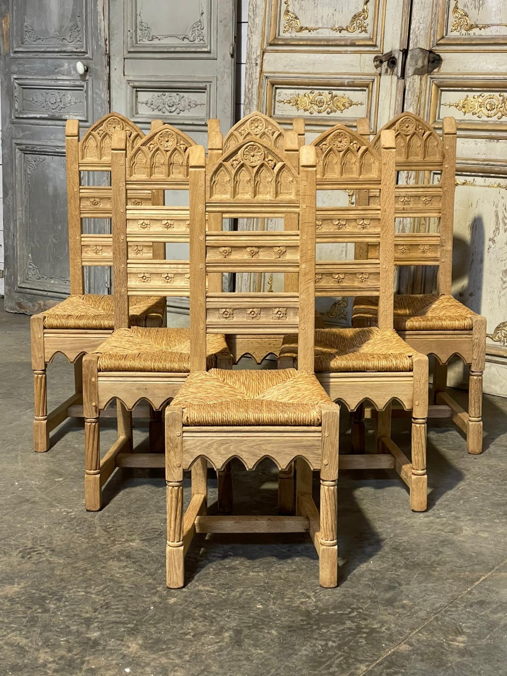 Set 6 French Gothic Oak Dining Chairs