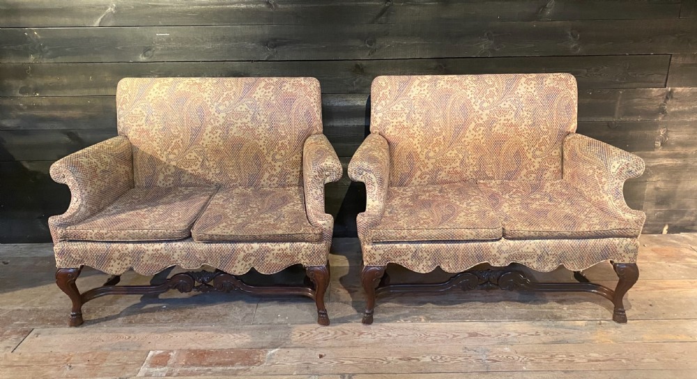Delightful Pair Walnut Wing Settees