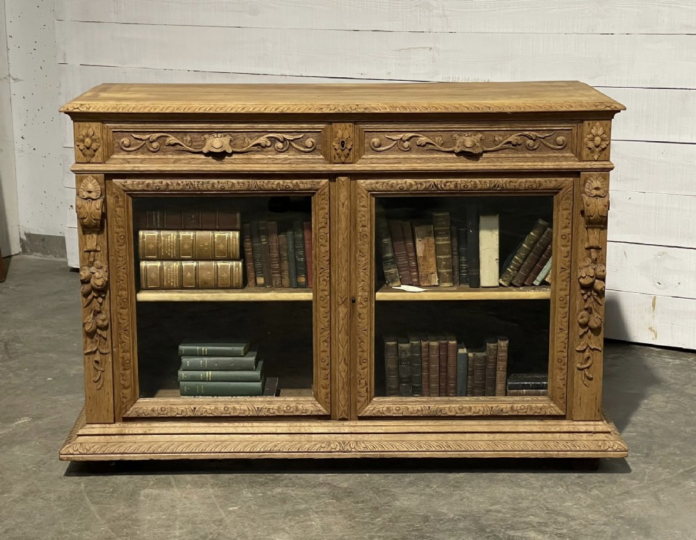 French Carved Oak Low Bookcase