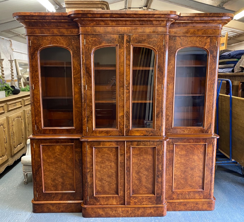 Burr Walnut 4 Door Breakfront Library Bookcase