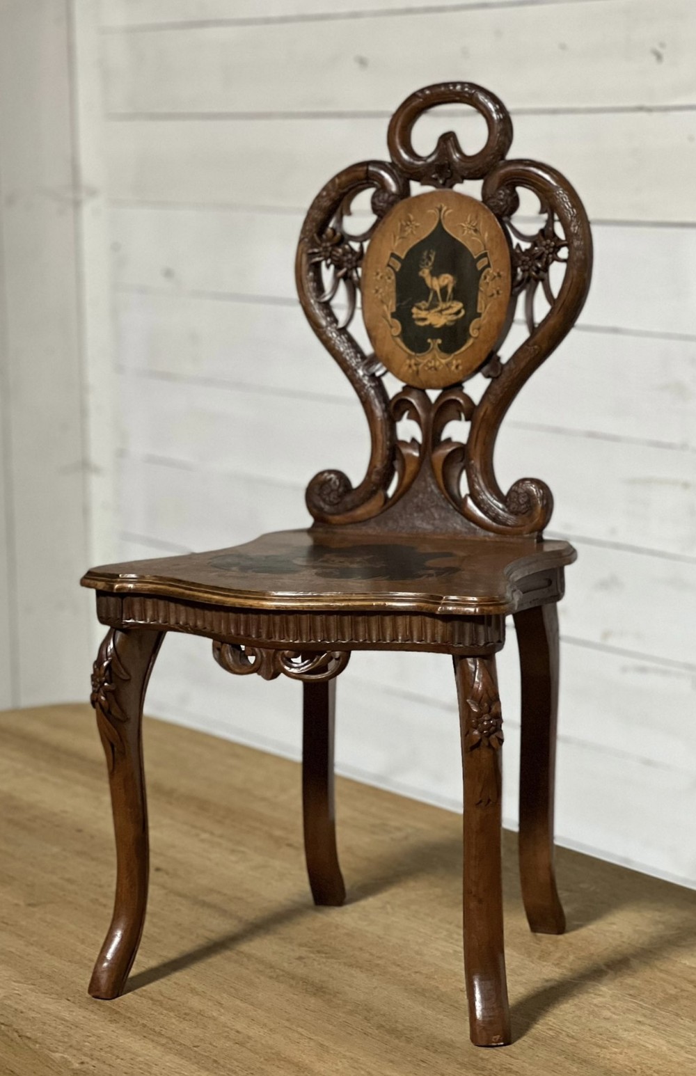 Black Forest Swiss Carved and Inlaid Chair