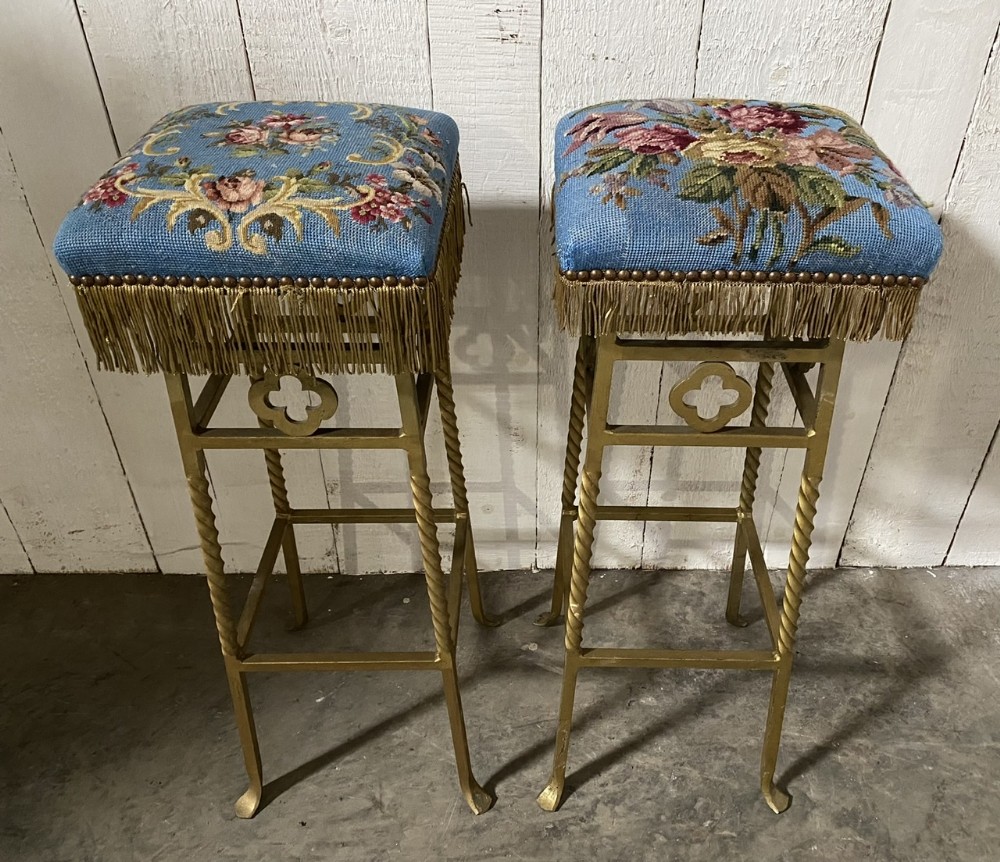 Rare Pair French Brass Cocktail Bar Stools