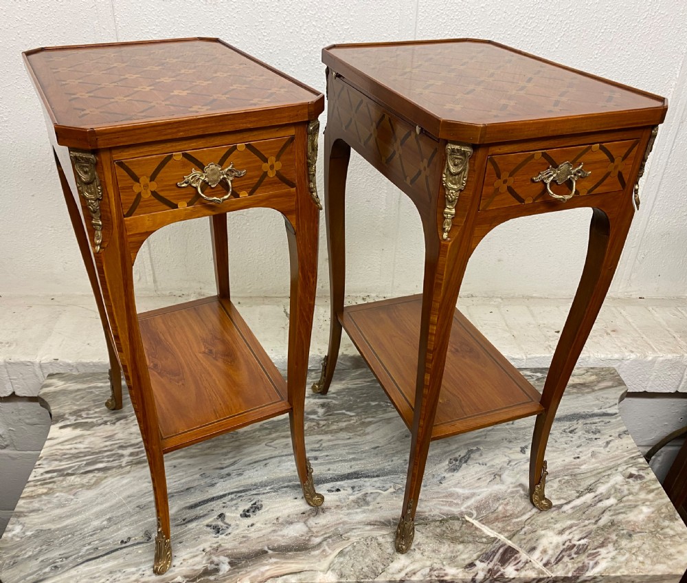 Fine Quality Pair French Marquetry Bedside Tables