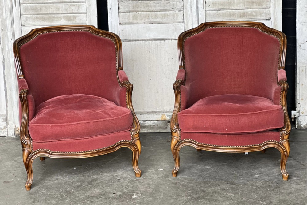Pair French Walnut Bergere Arm Chairs