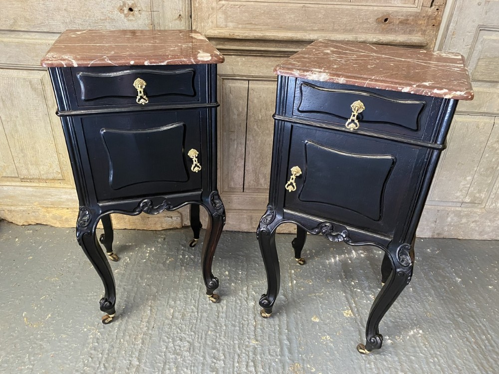 Beautiful Pair French Ebonised Bedside Cupboards 