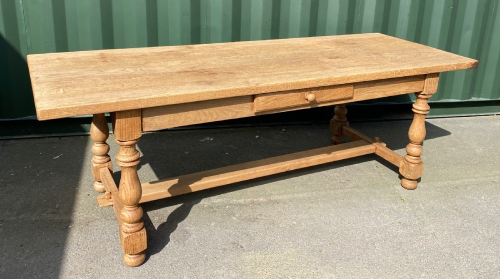 French Bleached Oak Farmhouse Dining Table with Drawer