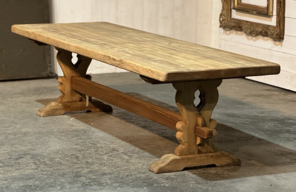 Large French Bleached Oak Trestle Farmhouse Dining Table 