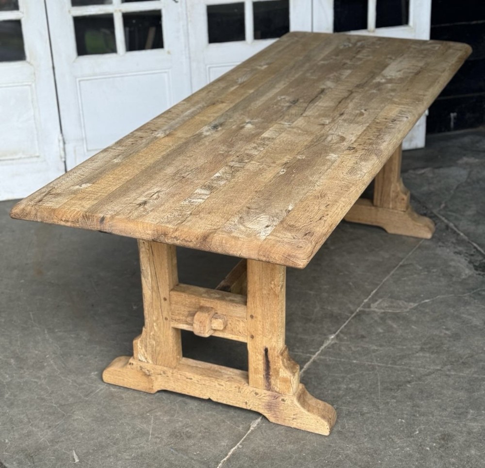 French Trestle Bleached Oak Farmhouse Dining Table 