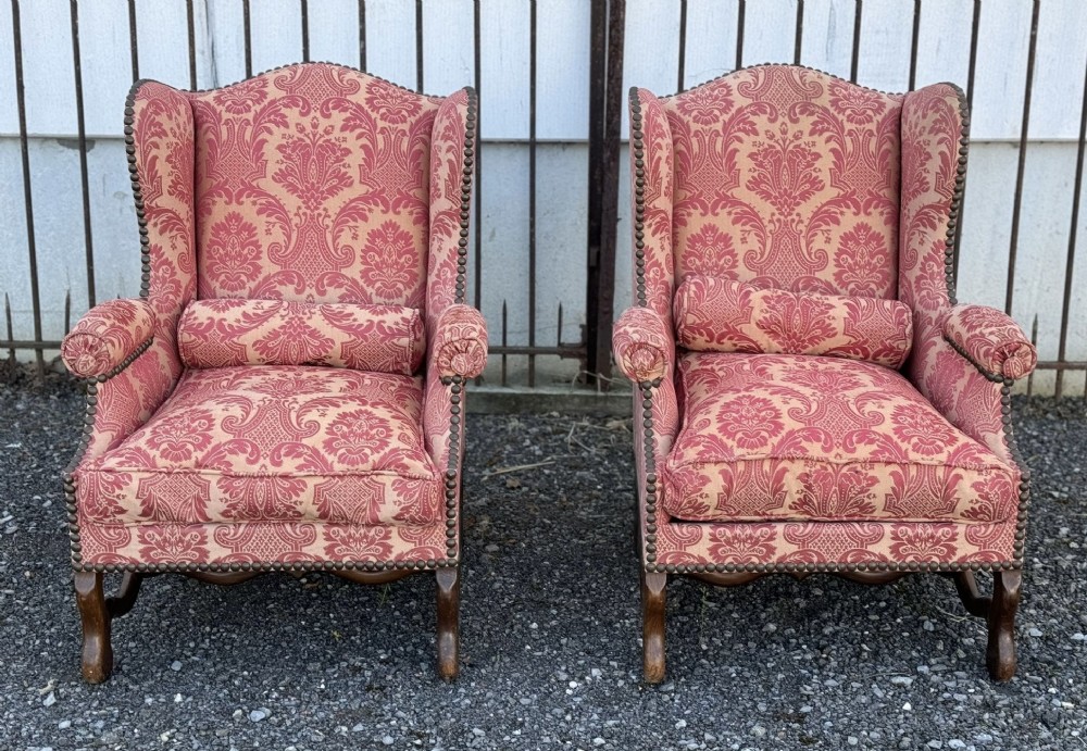Comfortable Pair French Wing Arm Chairs