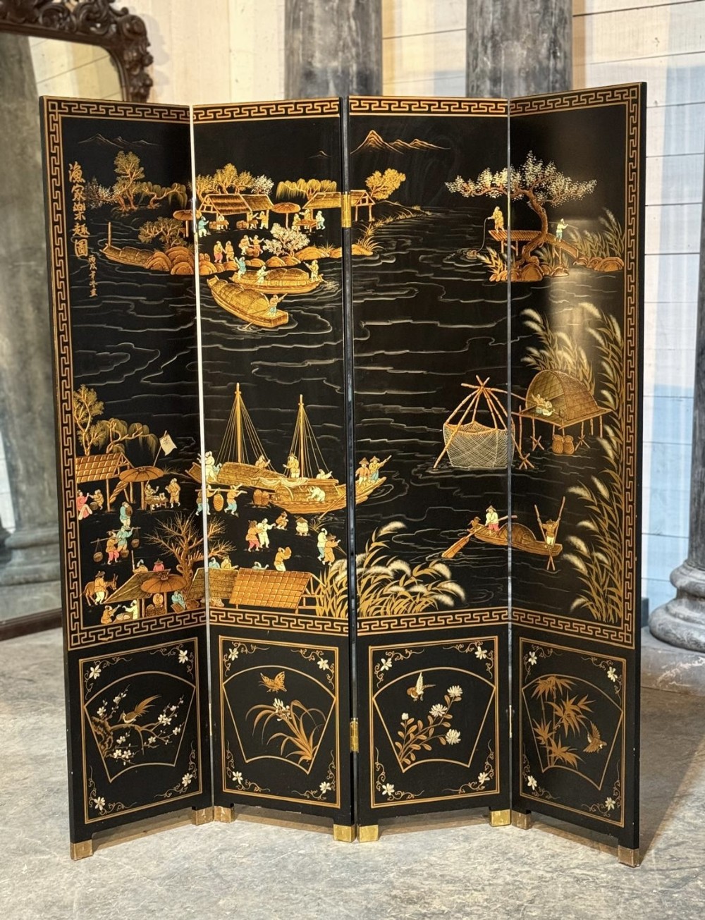 Chinoiserie 4 Fold Lacquer Screen 