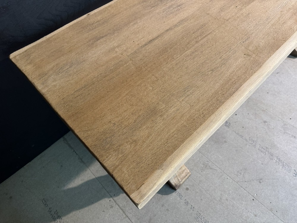 A large French rustic light oak dining table featuring a thick rectangular top supported by carved spiral trestle legs and a central stretcher. View XI