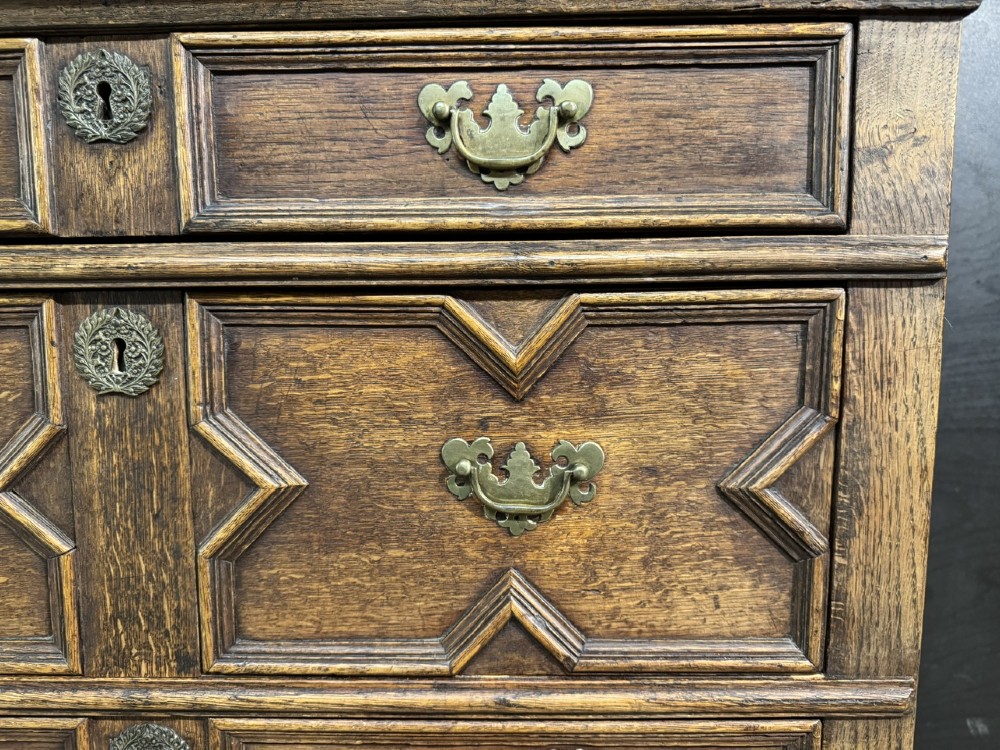 An eighteenth-century oak chest of drawers featuring geometric moulded drawer fronts, brass handles, and square block feet. View XI