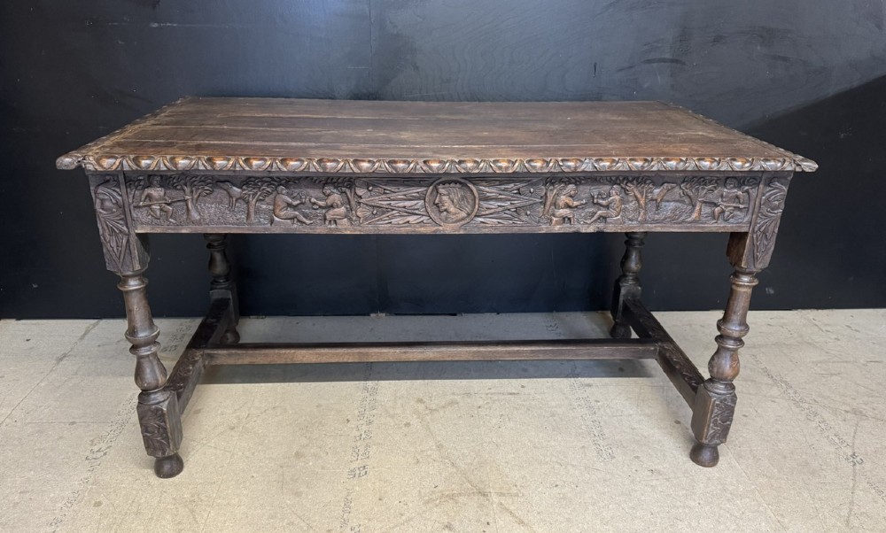 19th Century Carved Oak Table with drawers