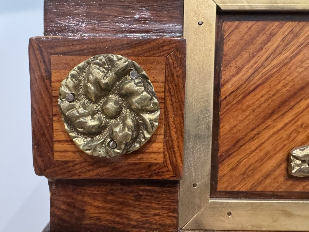 A French Louis XVI style writing desk featuring a green leather insert, wood parquetry veneer, three frieze drawers, and gilt bronze mounts. View XIV