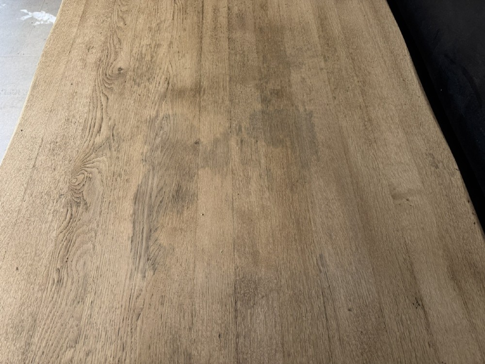 Large rectangular light oak farmhouse dining table featuring turned legs and an H-stretcher base. View XIII