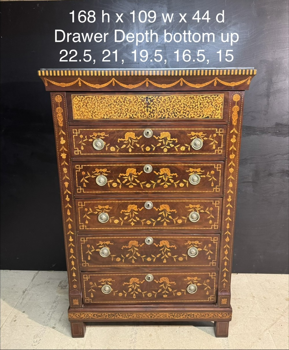 An 18th-century Dutch mahogany tall chest of drawers featuring intricate floral marquetry inlay across six drawers with brass handles. View XIV
