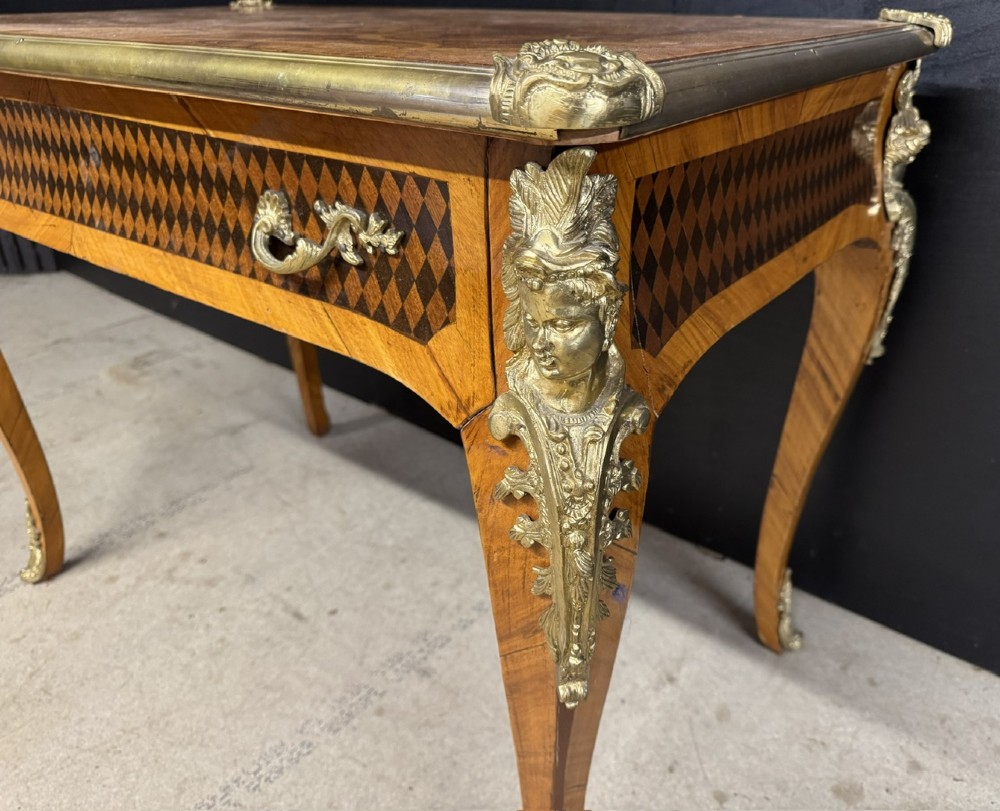 A French Louis XV style marquetry bureau plat featuring floral inlaid wood on the top surface, a diamond parquetry drawer frieze, gilt-bronze corner mounts, and curved cabriole legs. View VI