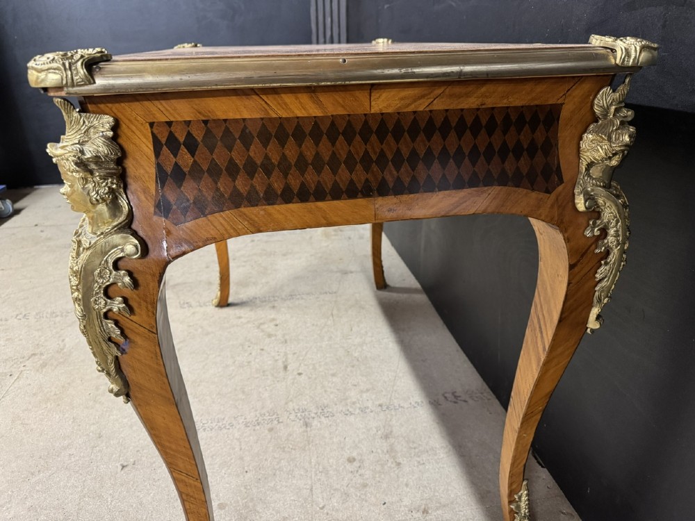 A French Louis XV style marquetry bureau plat featuring floral inlaid wood on the top surface, a diamond parquetry drawer frieze, gilt-bronze corner mounts, and curved cabriole legs. View XI