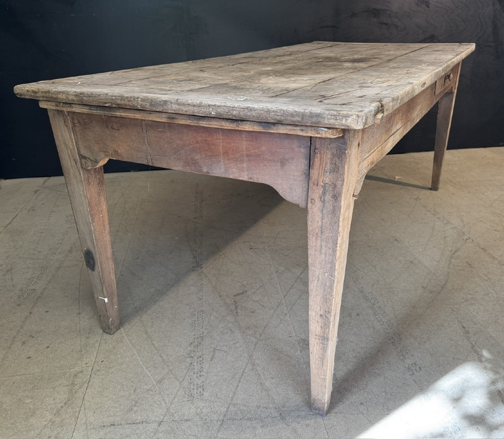 A rustic French provincial kitchen table featuring a scrubbed timber plank top, a single frieze drawer with a small knob, and four tapered square legs. View XI