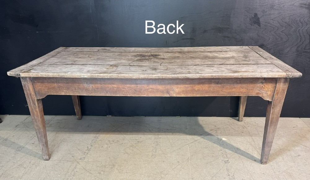A rustic French provincial kitchen table featuring a scrubbed timber plank top, a single frieze drawer with a small knob, and four tapered square legs. View XIV
