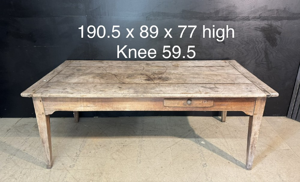 A rustic French provincial kitchen table featuring a scrubbed timber plank top, a single frieze drawer with a small knob, and four tapered square legs. View XV