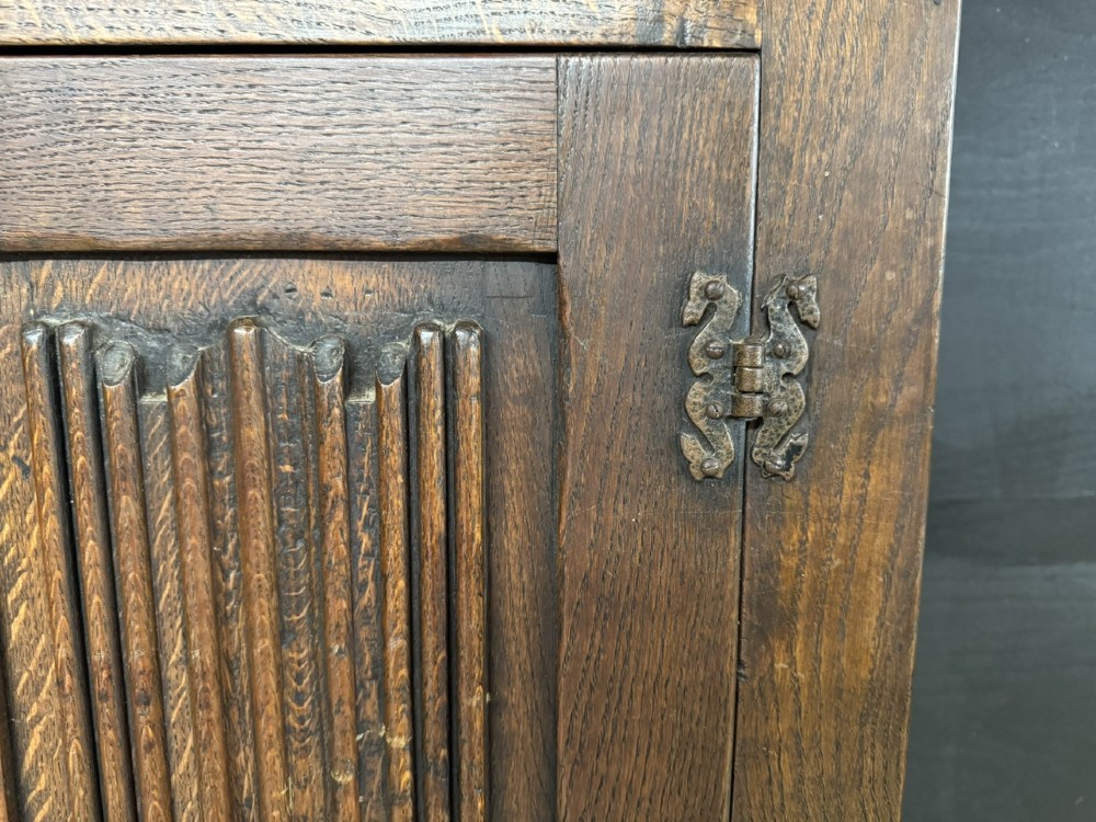 A narrow dark oak hall cupboard featuring upper carved linenfold doors and lower plain panel doors with iron hinges. View III