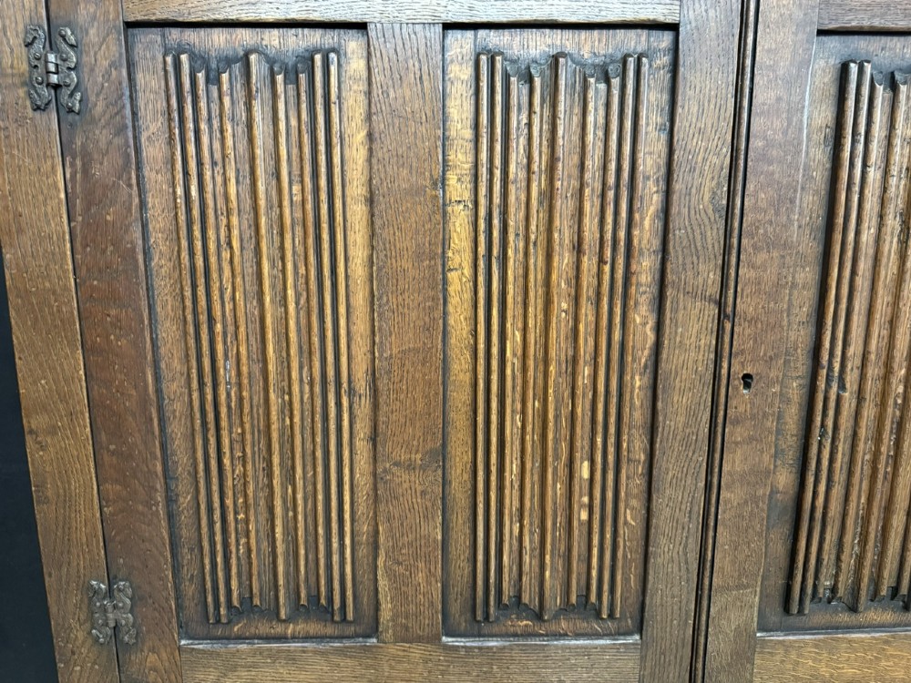 A narrow dark oak hall cupboard featuring upper carved linenfold doors and lower plain panel doors with iron hinges. View VI