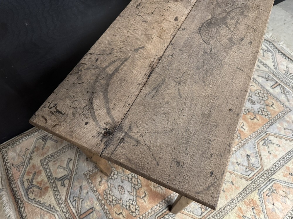 A Georgian natural oak side table with a wide single drawer, two brass swan-neck handles, a brass escutcheon, and four straight square legs. View VIII