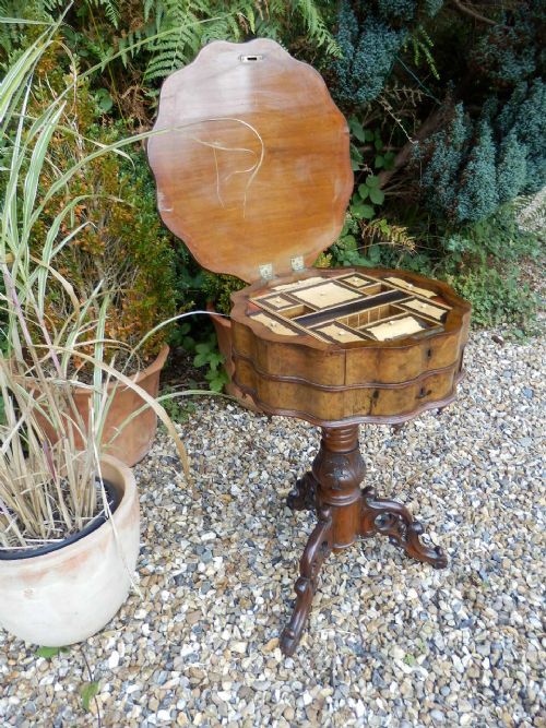 Needlework Table, Victorian, Burr Walnut.